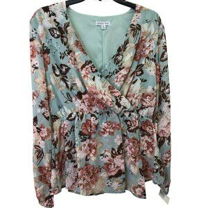 OPHELIA ROE V NECK FLORAL LONG SLEEVE BOUSE MD NWT‎